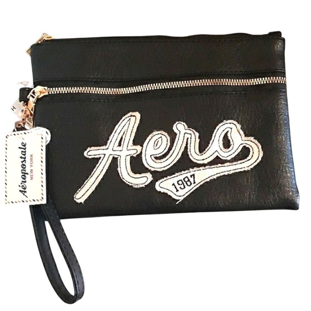 Aeropostale‎ Black Faux Leather Wristlet Clutch Varsity Logo NWT